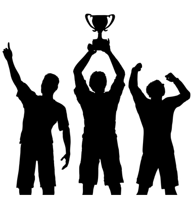 Silhouettes of three team players win a trophy and celebrate a sports or business victory.