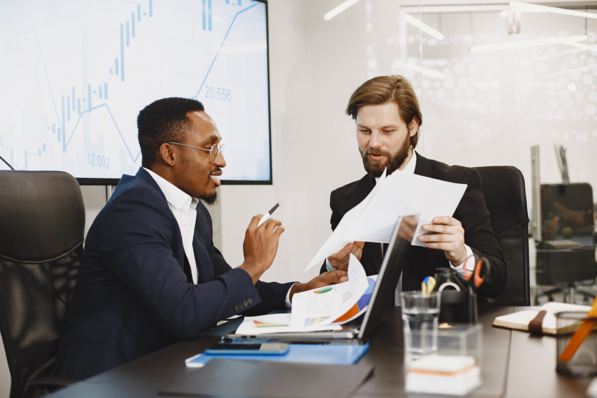 two businesspeople discussing